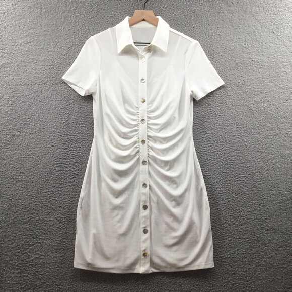 WAYF Jennifer Ruched Shirtdress Ivory M - Picture 2 of 4